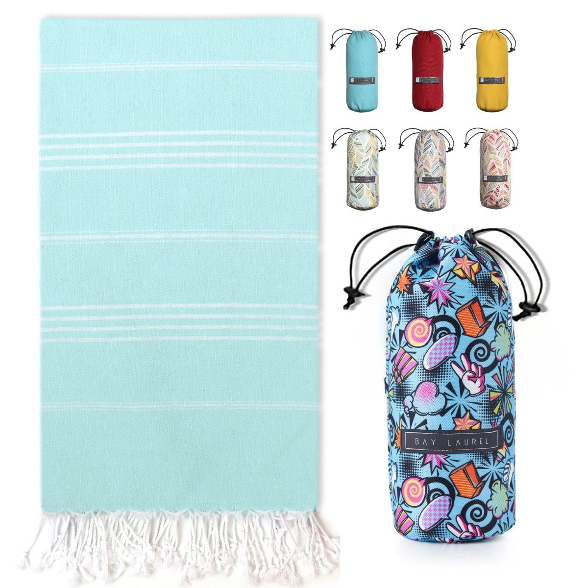BAY LAUREL Turkish Beach Towel with Travel Bag 39 x 71 Quick Dry Sand Free Lightweight Large Oversized Towels Light - (Aqua with Mix Blue)