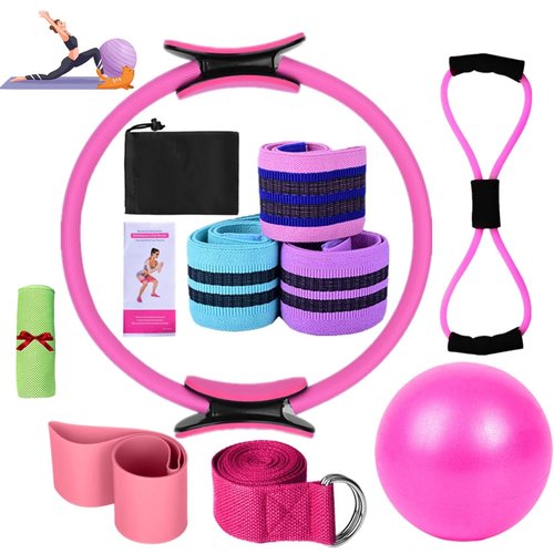 Pilates Essentials Kit, Better ME Pilates Essentials Kit for Women, Better Me Pilates Kit, Booty Bands for Working Out Glutes Yoga Ball 25cm Figure 8 Resistance Band Yoga Bands for Stretching (Pink)