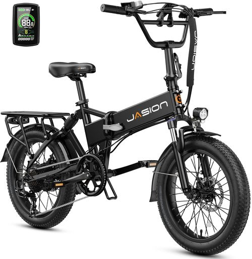 Jasion EB7 2.0 Adult Electric Bicycles, 28MPH Folding Electric Bike with 1200W Peak Motor, 55Miles Commute Ebikes for Adults 480WH Battery, Shock Absorber, Disc Brake, 20" *3.0 Tires for Beach Snow