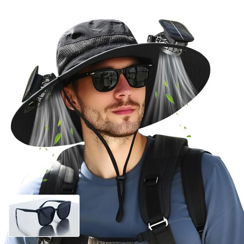 Wide Brim Solar/USB Rechargeable Fan Hat - Adjustable Cooling Sun Hat for Men & Women, Outdoor Fishing Gardening Hats Additional Sunglasses