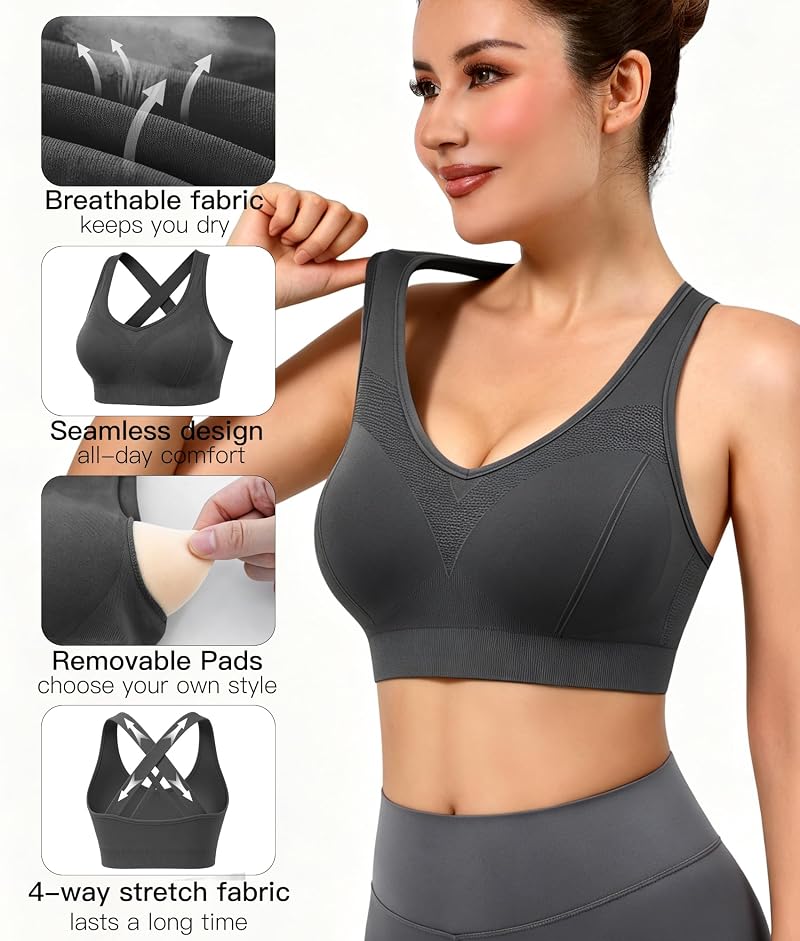 Double Couple High Impact Sports Bras for Women - 3 Pack (Black, White, Gray) Medium
