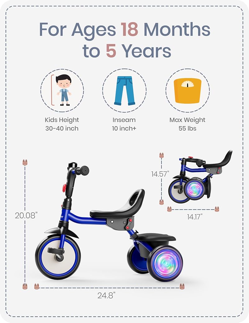Besrey Blue Flash Wheel Tricycle for Toddlers 18 Months to 5 Years - 2-in-1 Foldable Kids Bike with Bell