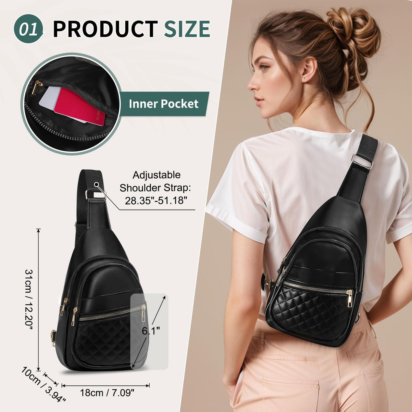 SUIKIHUM Crossbody Bags for Women Men,Leather Sling Bag Cross Body Backpack for Women, Casual Chest Bag Daypack for Travel Hiking, Black