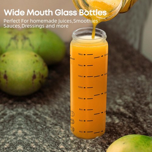 weasland Glass Juice Bottles 20oz - 4 Pack Wide Mouth Water Bottles with Lids for Juicing Reusable Juice Bottles for Smoothie Beverage Storage BPA Free Leakproof Borosilicate
