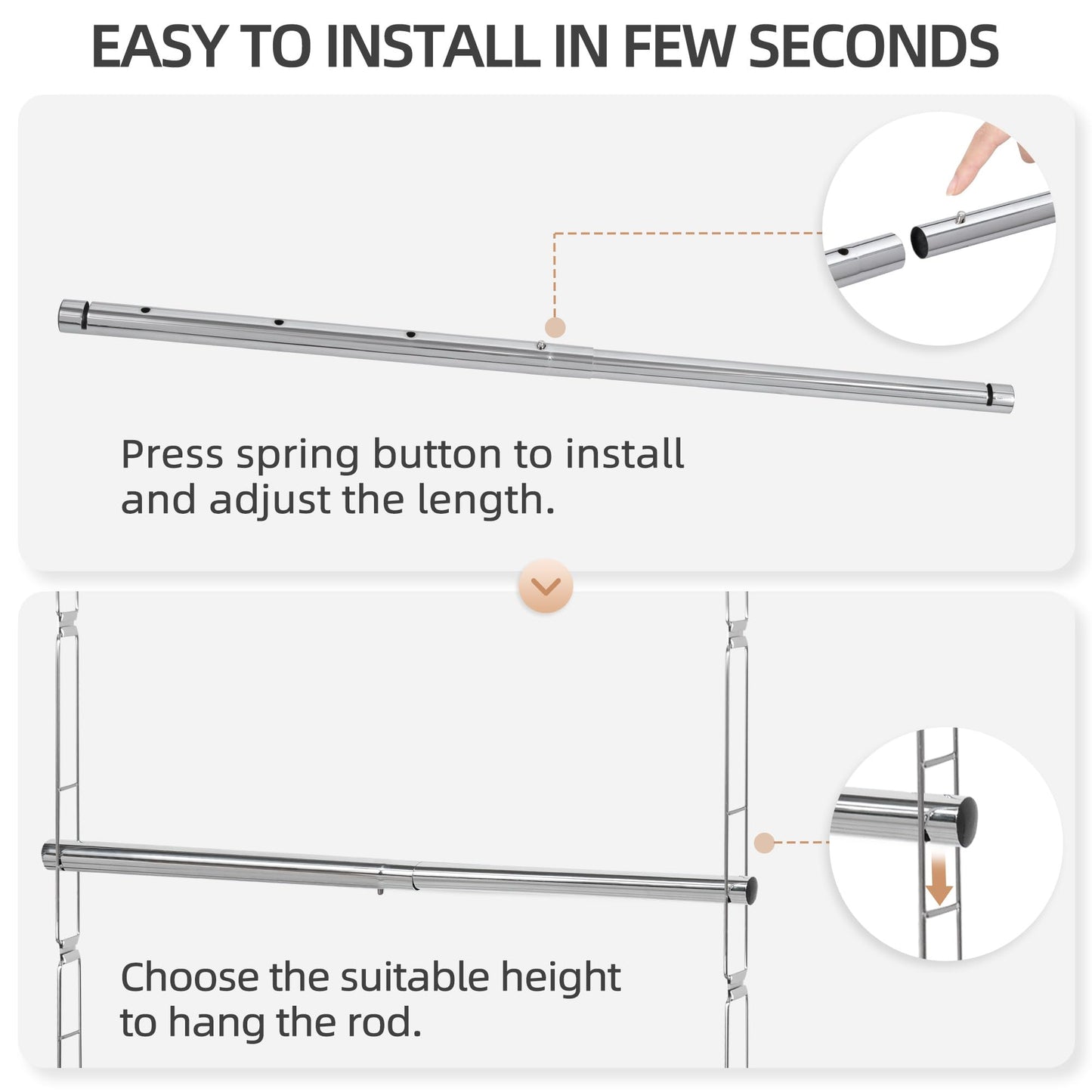 STORAGE MANIAC Hanging Closet Rod, Adjustable Width and Height Closet Hanging Organizer, Space-Saving Clothes Hanging Bar, Closet Extender Hanging Rod Double Closet Hanging Rod, 1 Pack Chrome