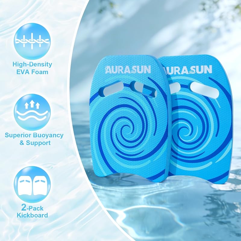 AURASUN 2 Pack Kick Boards for Adults - High Buoyancy Pool Training Aid, Non-Slip 17 x 12.5 x 1.2 in - Blue Variation