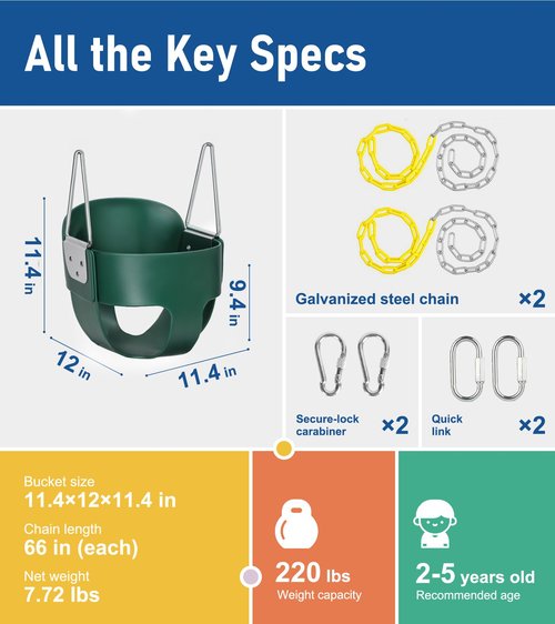High Back Full Bucket, Toddler Swing with Coated Chains & Triangle Dip Pinch Protection for Safety, Baby Swing Outdoor with Locking Buckles, Toddler Bucket Swing for Backyard, Playground, Green