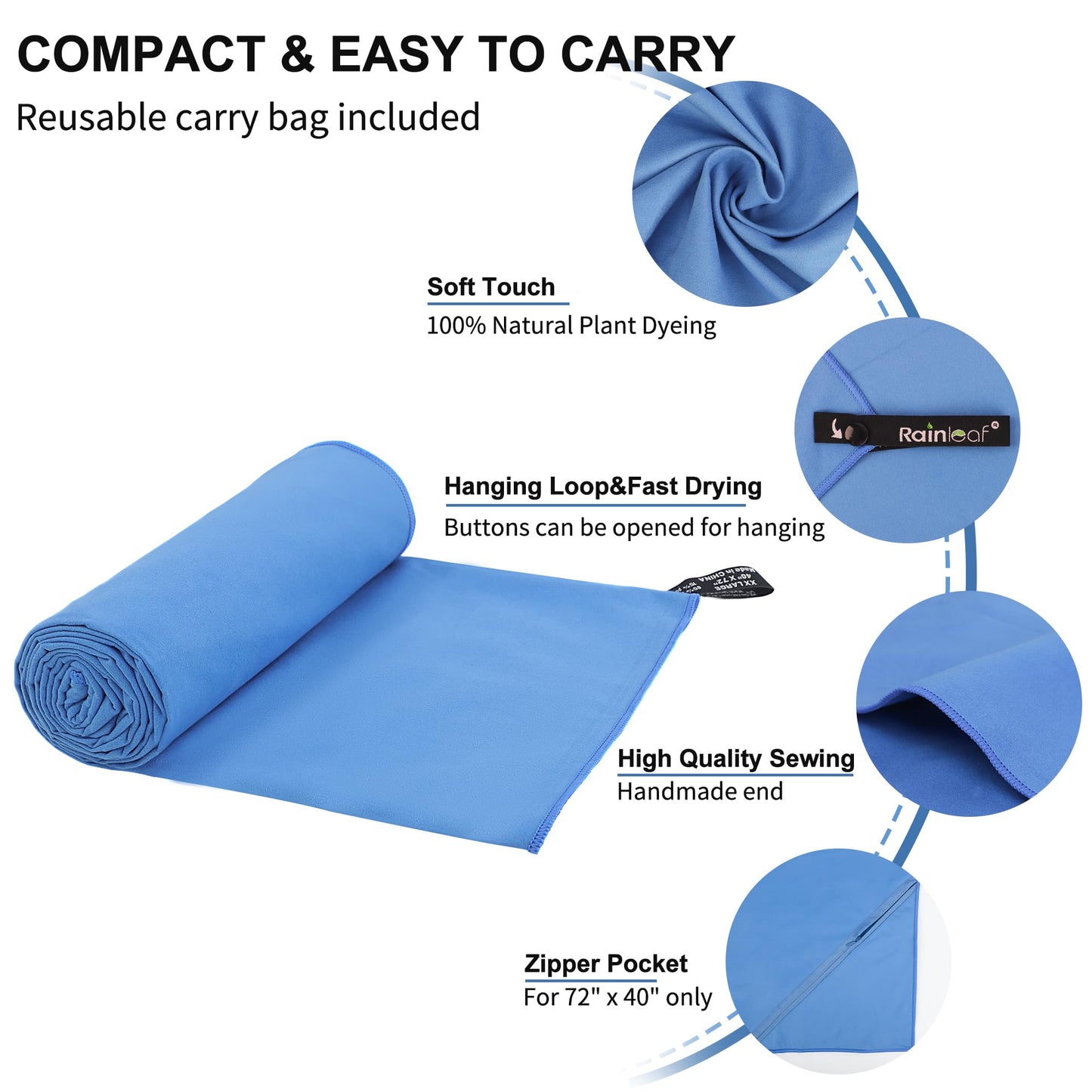 Rainleaf Microfiber Towel Quick Dry Camping & Travel & Gym Towel. Compact