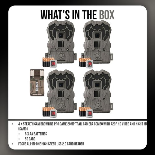 Stealth Cam Browtine 20MP Trail/Game Camera with 720P HD Video, 0.8s Trigger Speed, 60 Feet Flash, Night Mode, and 1-3 Image Burst - Camo (4 Pack)