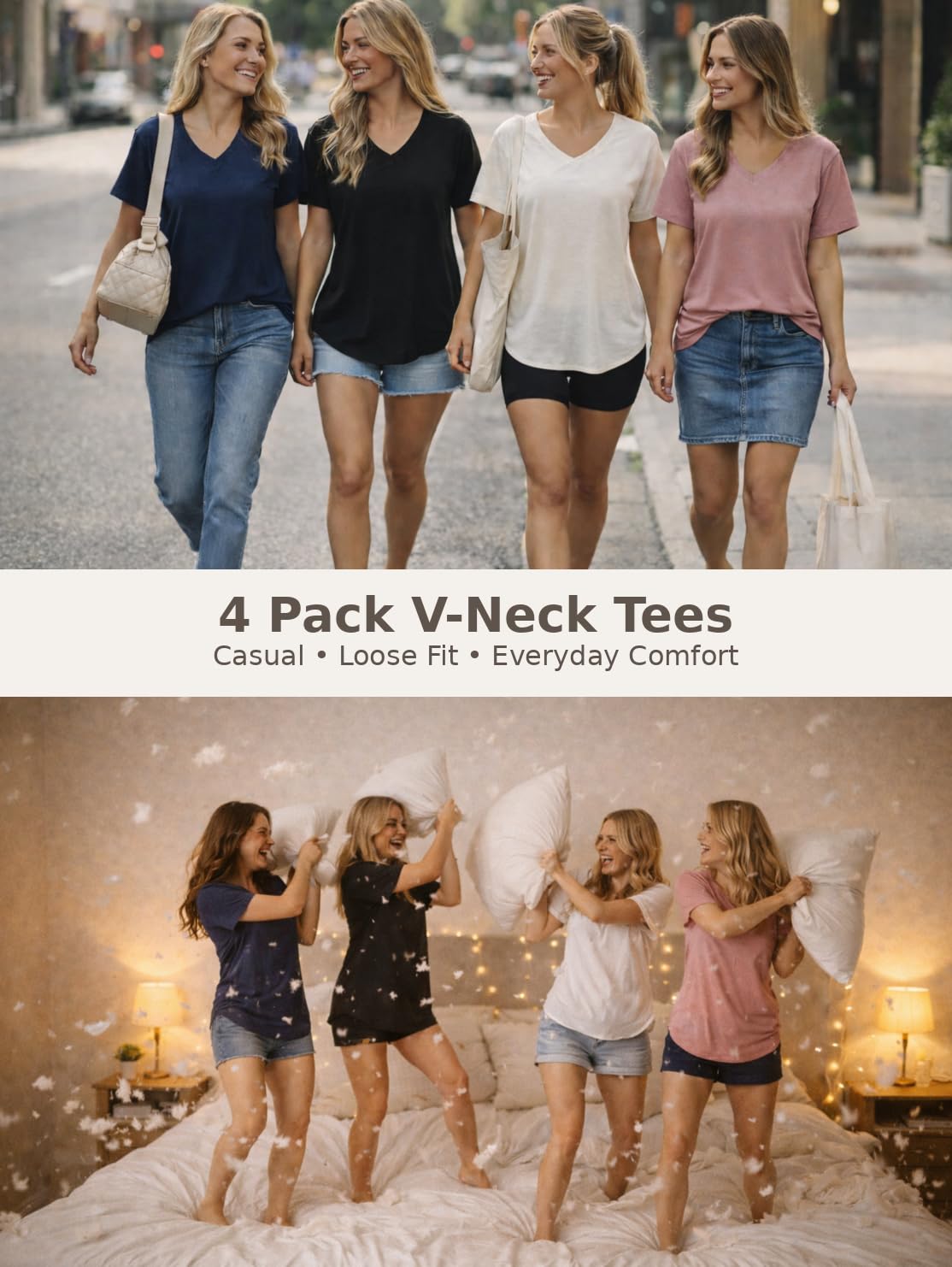 VILIGO 4 Pack V Neck T Shirts for Women Basic Tees Casual Short Sleeve Shirts Loose Fit Plus Size Tops Plain Summer Clothes, Black/Beige/Navy/Mauve XL