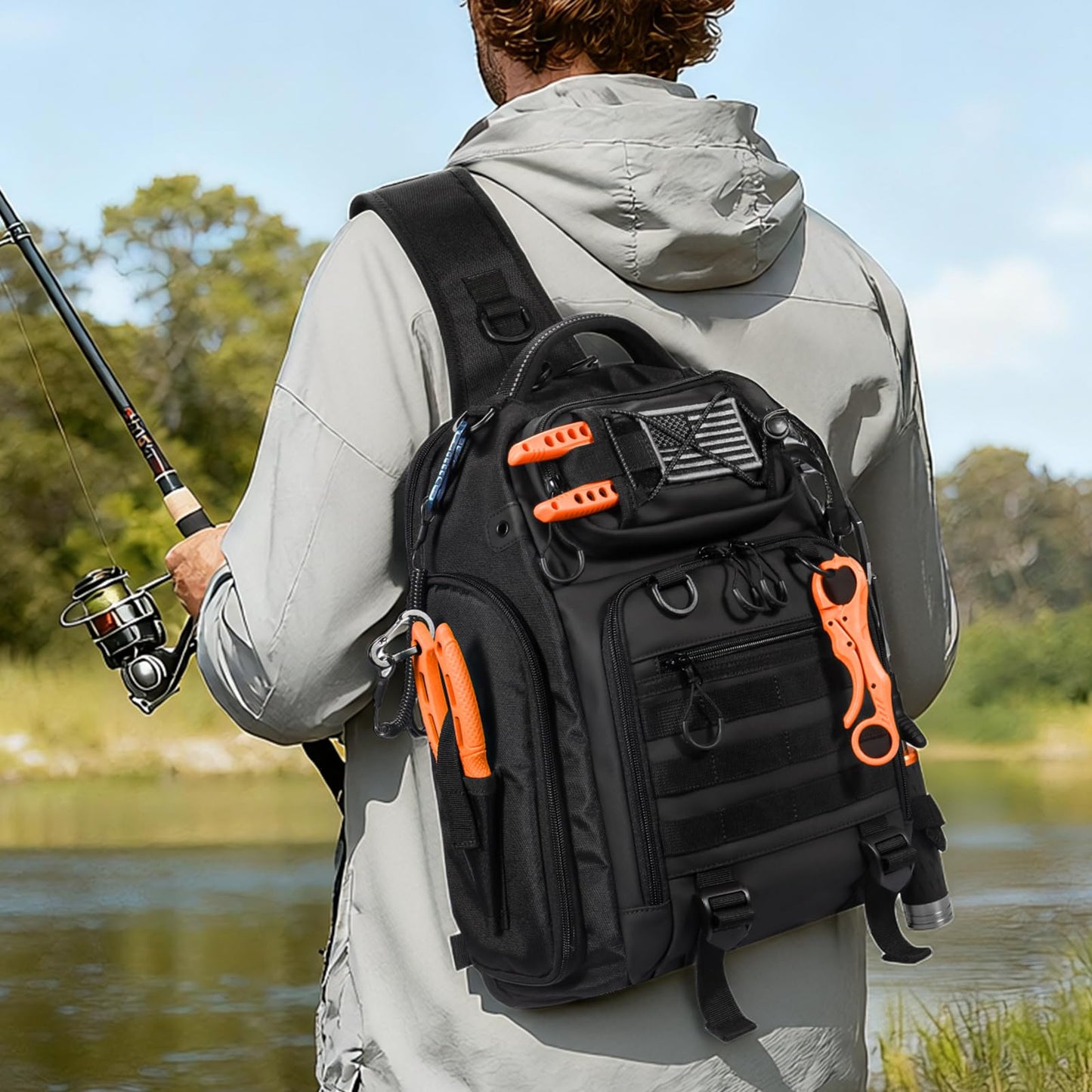 BAIXIXIG 18L Fishing Sling Bag with Removable Lure Wraps and Rod & Beverage Holder, Tackle Bag for Fishing Gear