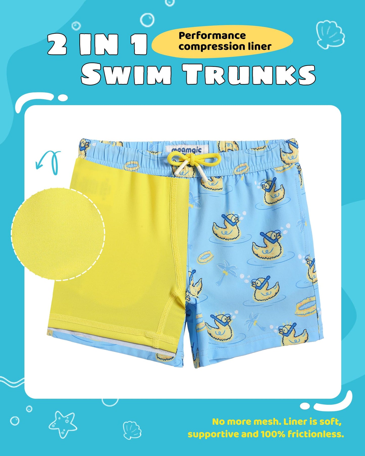 maamgic Boys Swim Trunks with Compression Liner Toddler Stretch Swim Shorts Quick Dry Swimming Trunks Boxer Brief 2 in 1 Beach Shorts Blue Rubber Ducky 14/16