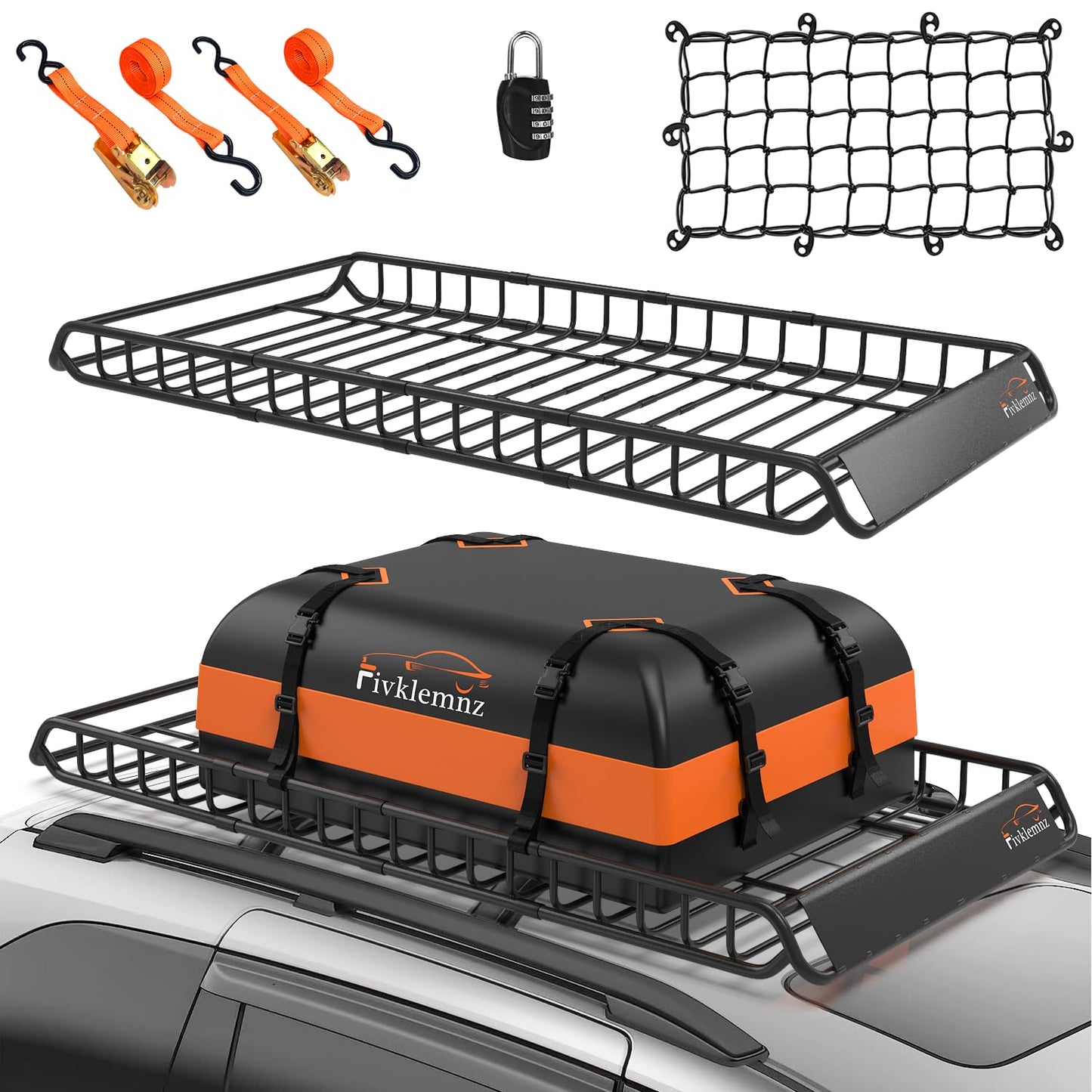 FIVKLEMNZ Car Rooftop Cargo Carrier Roof Bag Waterproof for All Top of Vehicle with/Without Rack Includes Topper Anti-Slip Mat + Reinforced Straps + 6 Door Hooks + Luggage Lock
