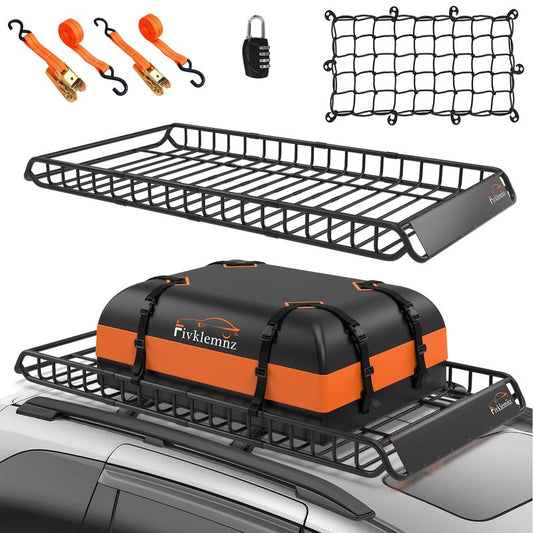 FIVKLEMNZ Car Rooftop Cargo Carrier Roof Bag Waterproof for All Top of Vehicle with/Without Rack Includes Topper Anti-Slip Mat + Reinforced Straps + 6 Door Hooks + Luggage Lock
