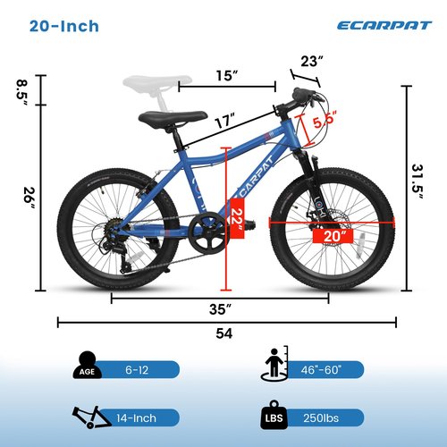 PyroRyd 20 Inch Kids Mountain Bike for Boys Ages 8-12, 7-Speed Drivetrain with Front Suspension, Dual Brake System High Carbon Steel Frame Bicycle for Off-Road and City Riding (Blue-A)