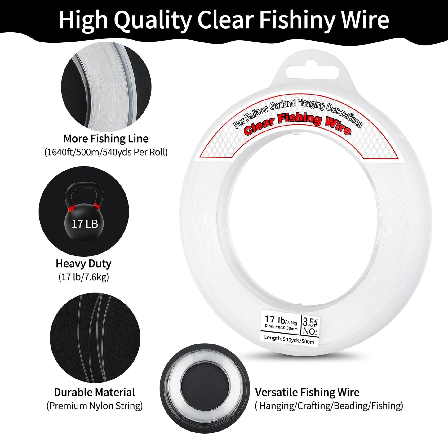 540Yards Clear Fishing Wire 0.3 mm, Invisible Fishing Line Wire Nylon String Supports 17 Pounds for Hanging Balloon Garland, Picture, Jewelry Making Beading Threads Cords