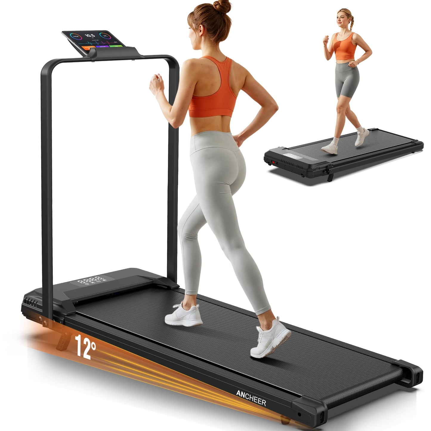 ANCHEER Treadmill with Handles, 3.0 HP Foldable Walking pad with 12% Incline, 320 lbs Capacity-Portable Under Desk Folding Treadmills for Home Small with Widened Belt/Remote Control (Classic Black3)