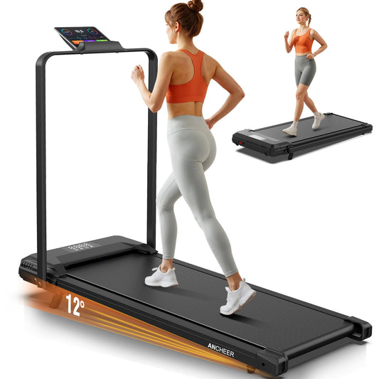 ANCHEER Treadmill with Handles, 3.0 HP Foldable Walking pad with 12% Incline, 320 lbs Capacity-Portable Under Desk Folding Treadmills for Home Small with Widened Belt/Remote Control (Classic Black3)