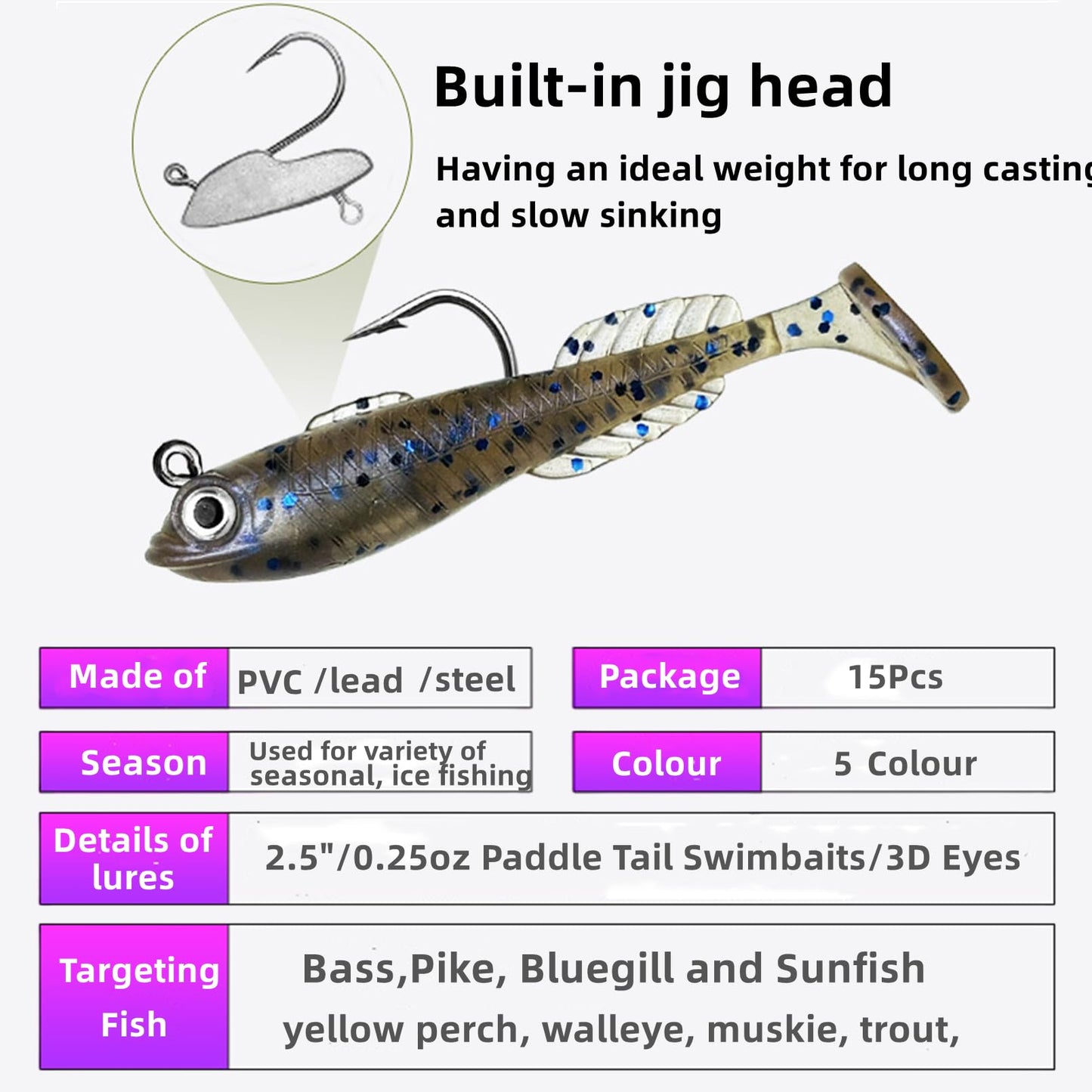 DAMIDEL 15Pcs Pre-Rigged Jig Head Soft Mini Fishing Lures，2.5"/0.25oz Paddle Tail Swimbaits/3D Eyes,Ice Fishing Jigs Lures Kit,Fishing Bait for Bass,Pike, Bluegill and Sunfish Freshwater Saltwater