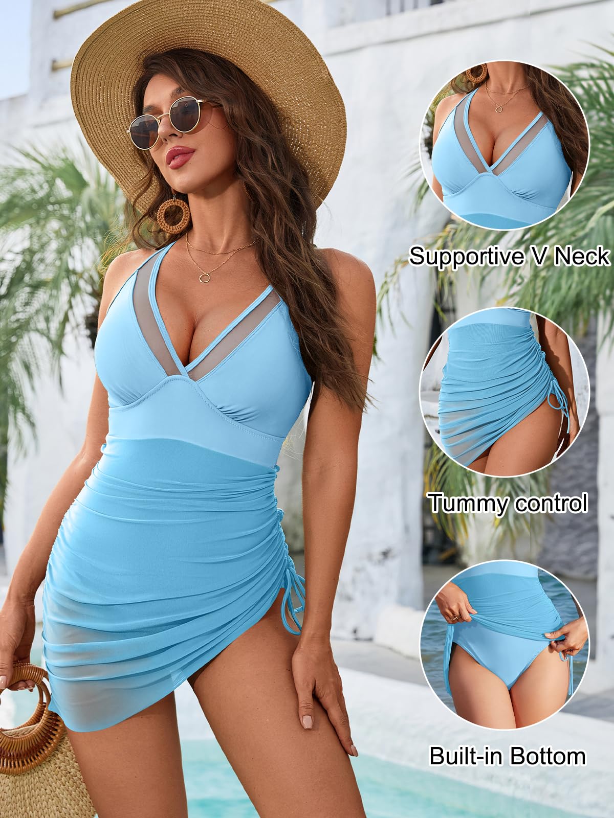 Blooming Jelly Women One Piece Swimsuits Tummy Control Swim Dress Slimming Sexy Sarong Wraps Swim Suits (L, Sky Blue)