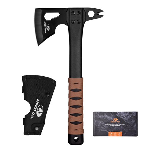 MOSSY OAK 12" Camping Axe and Survival Hatchet with Sheath, Compact Outdoor Multitool Hatchet with Hex Wrench Slots, Non-Slip Dual-Color Handle, Small Camping Gear for Hiking, Chopping, Hunting