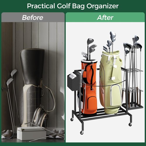 MAHANCRIS Golf Bag Organizer for Garage, Golf Bag Storage Stand Fits 2 Golf Bags, Freestanding Golf Club Holder for Garage, Shed, Home, Basement, Other Golfing Equipment Accessories, Black BEBK17501