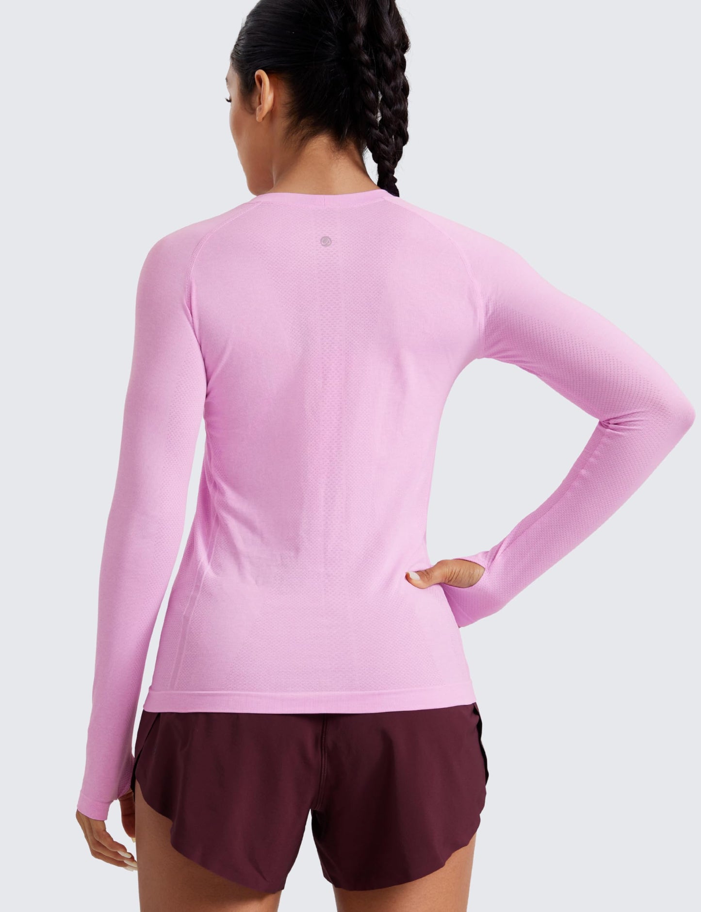 CRZ YOGA Seamless Long Sleeve Shirts for Women Hip Length - Workout Athletic Running Gym Yoga Tops Breathable Crewneck Tshirt Heather Pink Medium