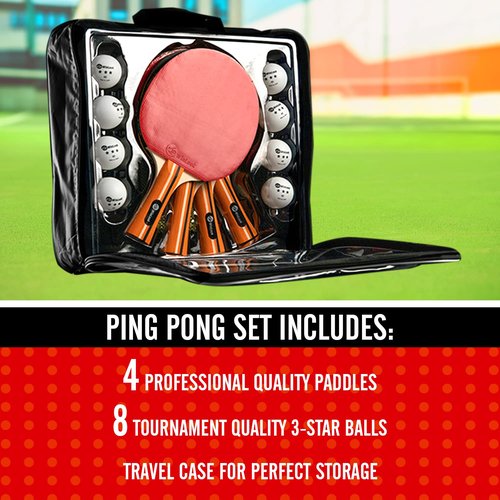 JP WinLook Ping Pong Paddle Set - Four Professional Table Tennis Paddles, Eight Balls, and A Case for Indoor & Outdoor Play - Premium Ping Pong Racket Set for All Players