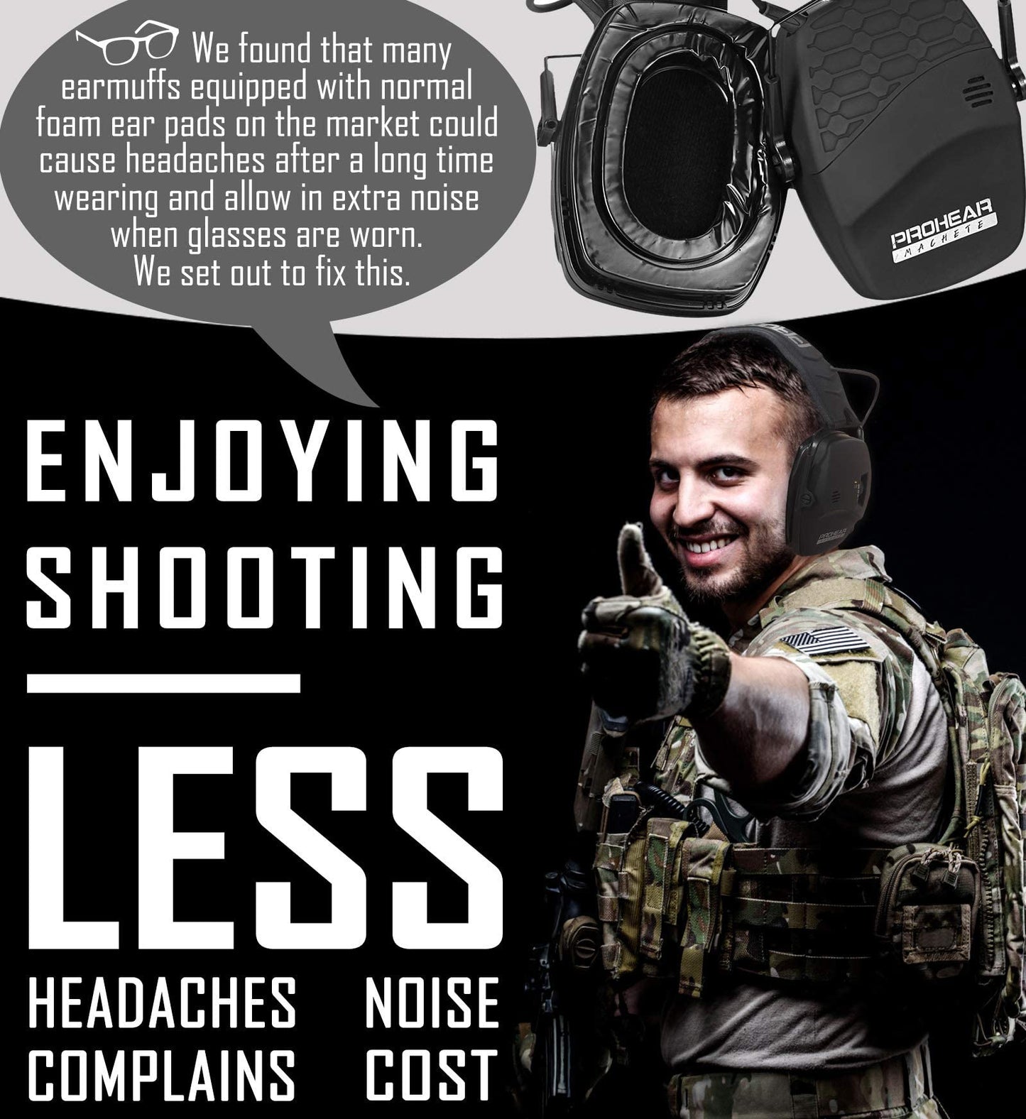 PROHEAR Digital Electronic Shooting Ear Protection Muffs with GEP02 Gel Ear Pads, Hunting 5X Sound Amplification Earmuffs, NRR 23dB Low Profile Hearing Protection for Gun Range - Black