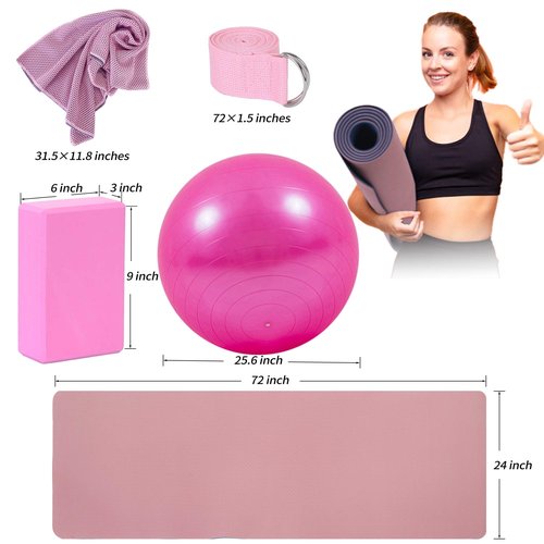 Yoga Beginners Kit Yoga Blocks 2 Pack Yoga Strap Yoga Ball Yoga Mat with Carrying Strap Net Bag Sports Cooling Towel,Yoga Mat Kits and Sets for Beginners 11-Piece Yoga Starter Kit for Women(Pink)