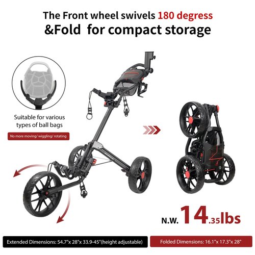 CaddyTek CaddyLite 15.3 V2 Golf Push Cart – Lightweight Aluminum 3-Wheel Trolley with Quad-Fold Design, EVA Wheels, Foot Brake, Umbrella Holder & Magnetic Pad