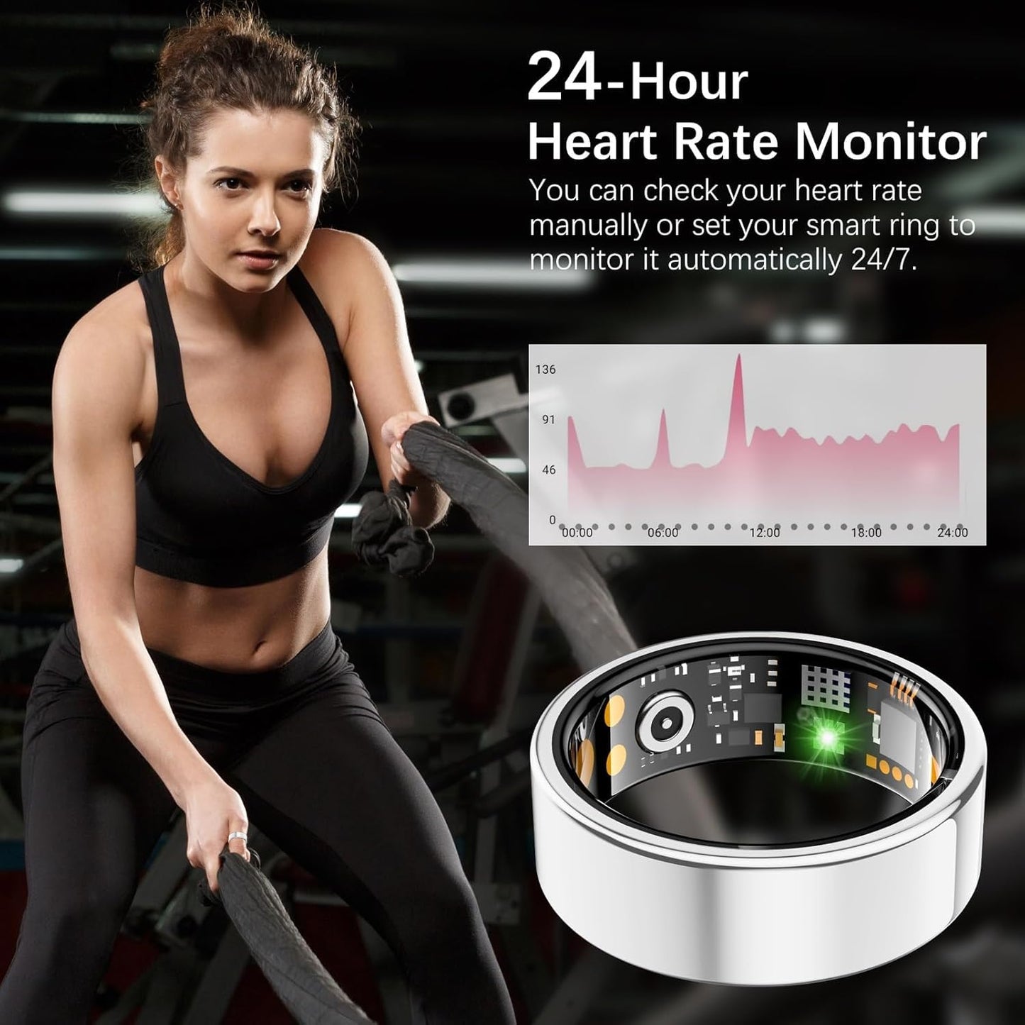 Ring Health Tracker for Women Men, Fit Ring with Heart Rate, Blood Oxygen, Sleep Monitor, Calories, Step Counter, IP68 Waterproof Smart Ring for iPhone & Android, No Subscription Fee (Silver, 13#)