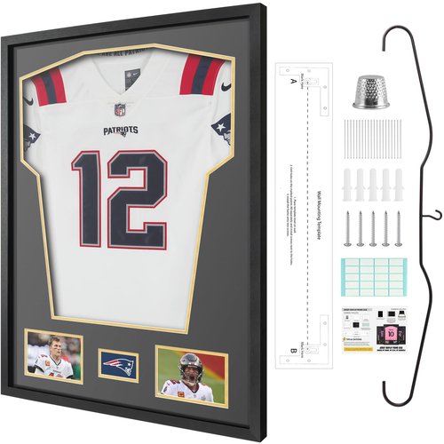 Yaetm Jersey Display Frame Case, Large Sport Jersey Shadow Box with Tempered Real Glass and Hanger for Baseball Basketball Football Soccer Hockey Shirt and Uniform, Two 4x6 Photos, Single, Black