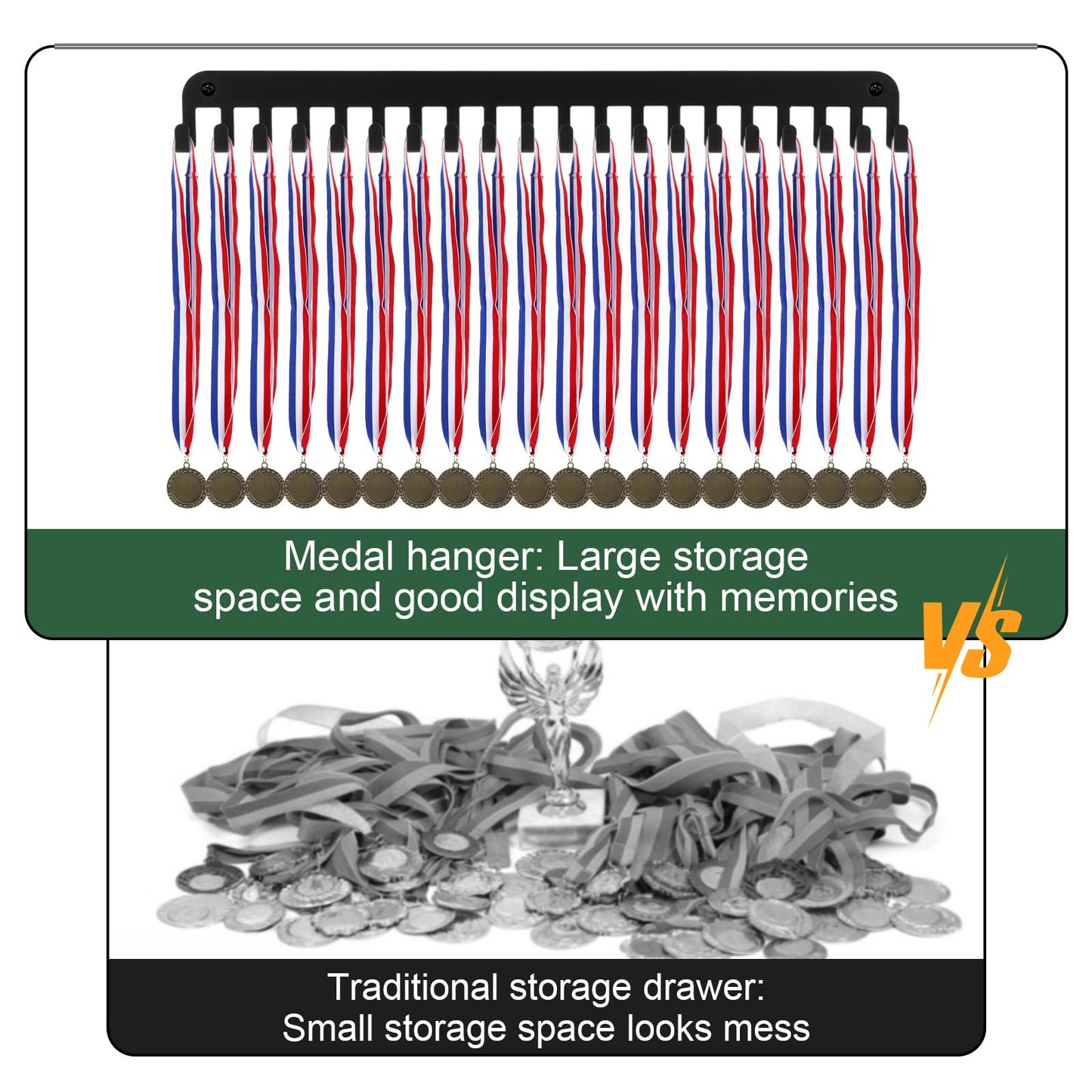 Nodaaiie 2 Pack Medal Hanger Display with 20 Hooks, Medal Holder for Wall, Sports Medal Holder for Running, Gymnastics, Soccer, Wrestling, and More, Easy to Install
