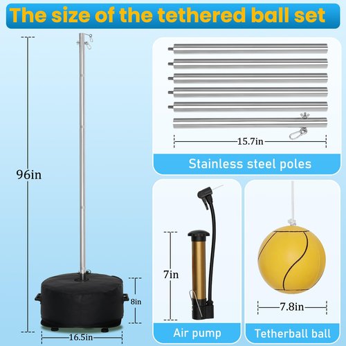 Heavy Duty Tether Balls and Rope Set with Pole，–Adjustable Height Tetherball Set, Portable Outdoor Game for Backyard, Kids & Adults, A Tetherball Ball Set with a Fillable Base and Two Usage Methods