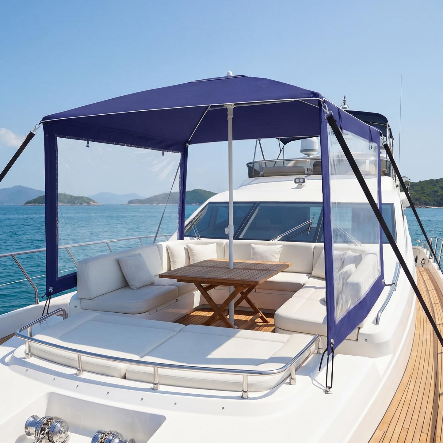 Briwooody Dark Blue Boat Umbrella Sun Shade with Sidewalls Kit 6' x 6' Boat Sun Cover Anti-Ultraviolet, Adjustable Aluminum Pole to 8 Feet with Ropes and Storage Bag Fits Most Boats and Benches