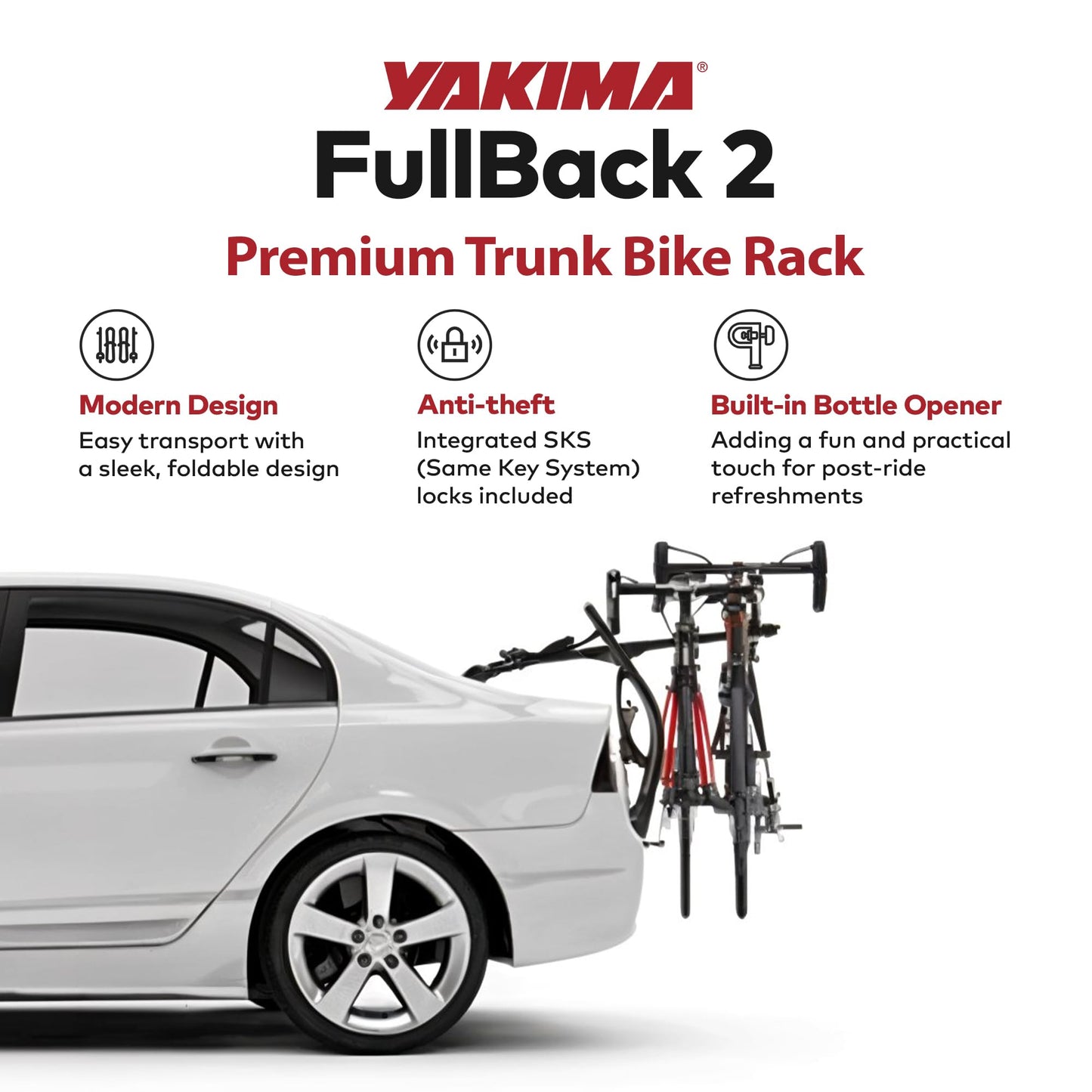 Yakima Fullback 2 Bike Capacity Trunk Bike Strap Rack with 4 Strap Attachment, SuperCrush ZipStrips, Bomber External Frame, and Bottle Opener, Black