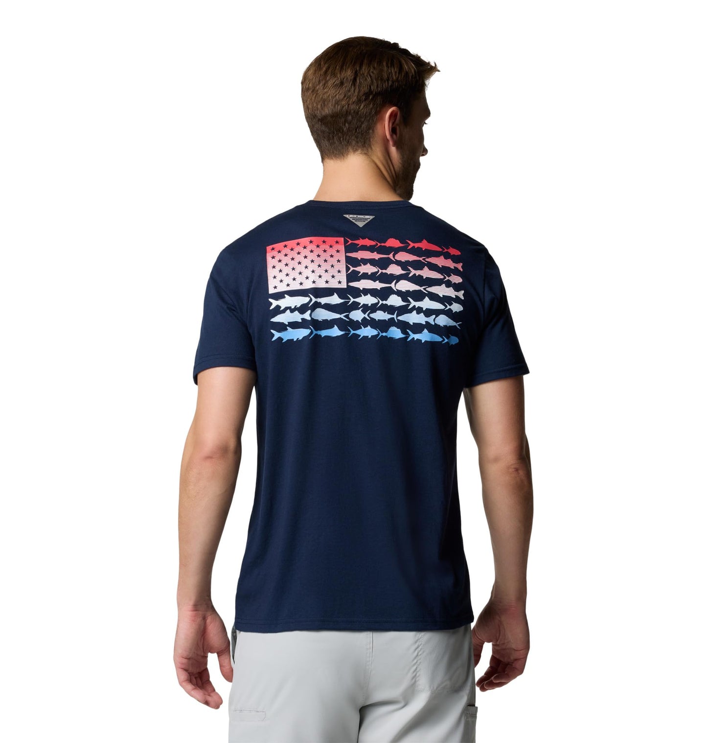 Columbia Mens PFG Fish Flag II Short Sleeve, Collegiate Navy/Sunset Red Gradient, Large