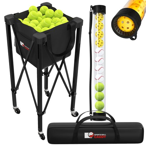 [2-in-1 Set] Tennis & Pickleball Hopper with Pickup Tube – Pickleball Caddy with Collapsible Metal Frame Ball Basket and Wheels & Carry Case – 120 Tennis Balls or 100 Pickleball Ball Holder