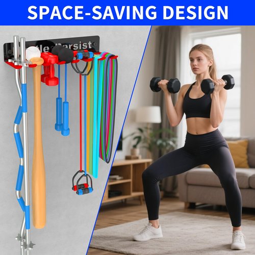 ZGHKXY Olympic Barbell Rack Holder Stand Hanger Wall Mount, with Laser Lettering, Gym Organization for Home Gym, Wall Mounted Dumbbell Rack for Resistance Bands, Jump Ropes, Chains, Barbells, Red