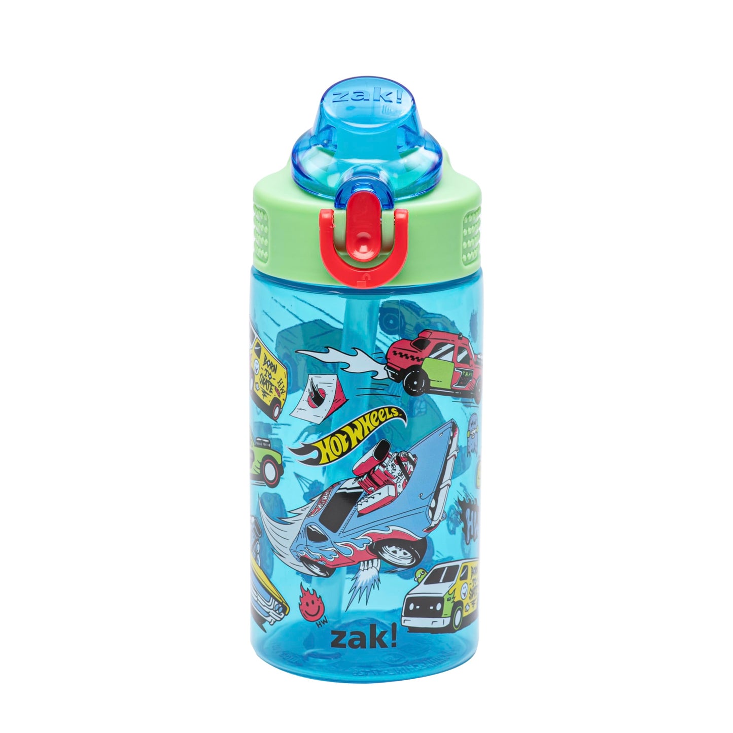 Zak Designs Mattel Hot Wheels Sage Kids Water Bottle For School or Travel, 16oz Durable Plastic Water Bottle With Straw, Handle, and Leak-Proof, Pop-Up Spout Cover (Hot Wheels)