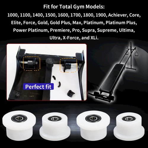 Qty.4 Machined Wheels/Rollers Compatible Total Gym Replacement, Fits Models 1000,1100,1400,1500,1600,1700,1800,1900,Achiever,Force,Gold,Max,Platinum,Platinum Plus,Pro,Supra, Supreme,Ultima,Ultra,XLI