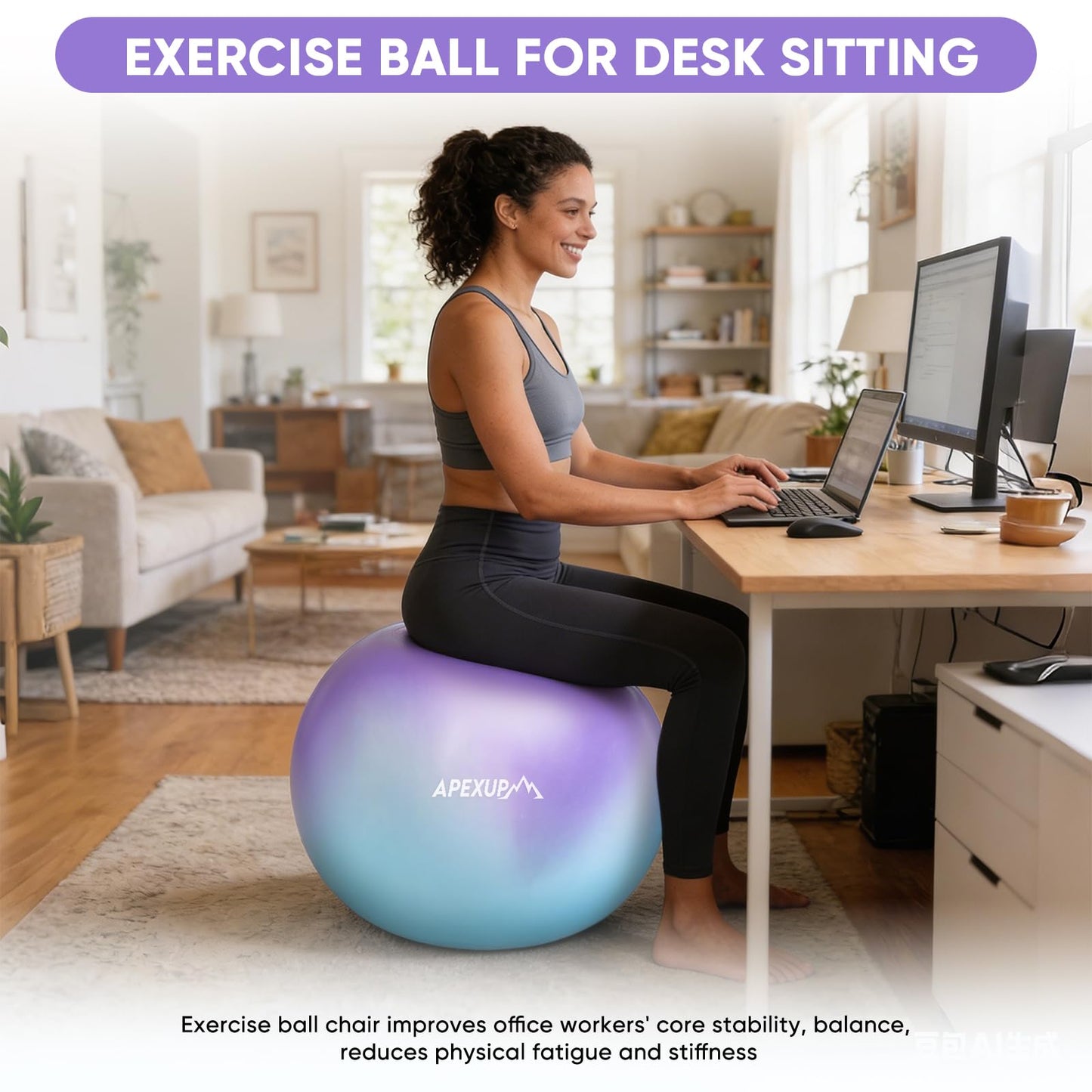 APEXUP Yoga Ball, 660 lbs Anti-Burst Exercise Ball with Pump, 5 Sizes (M (19"~22") 55cm, Blue Purple)
