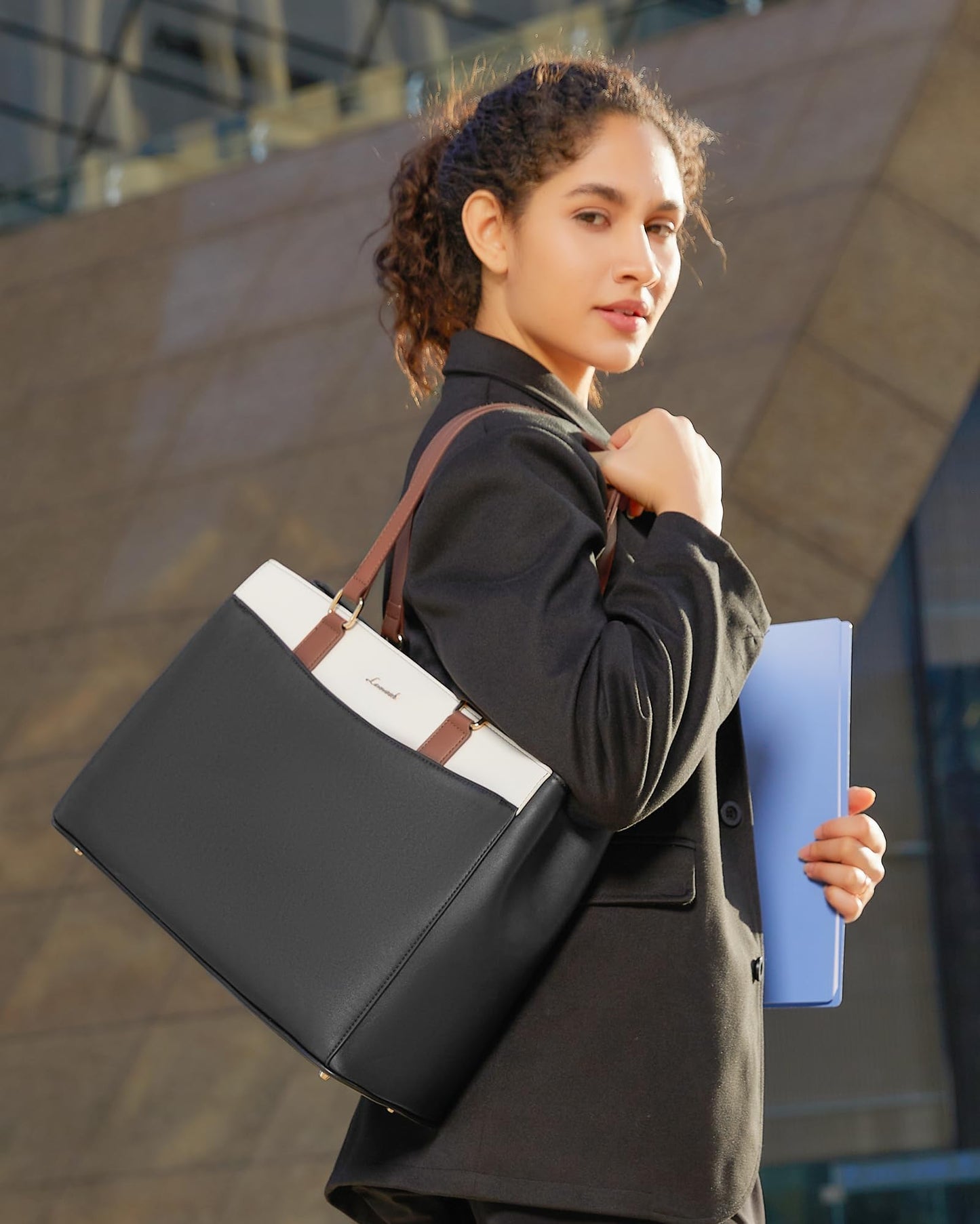 LOVEVOOK Laptop Tote Bag for Women, Work Bags Teacher Tote Bag, Waterproof Leather Computer Bag, Business Laptop Purse Office Handbag Professional Briefcase, Black-Beige-Brown, 15.6 Inch