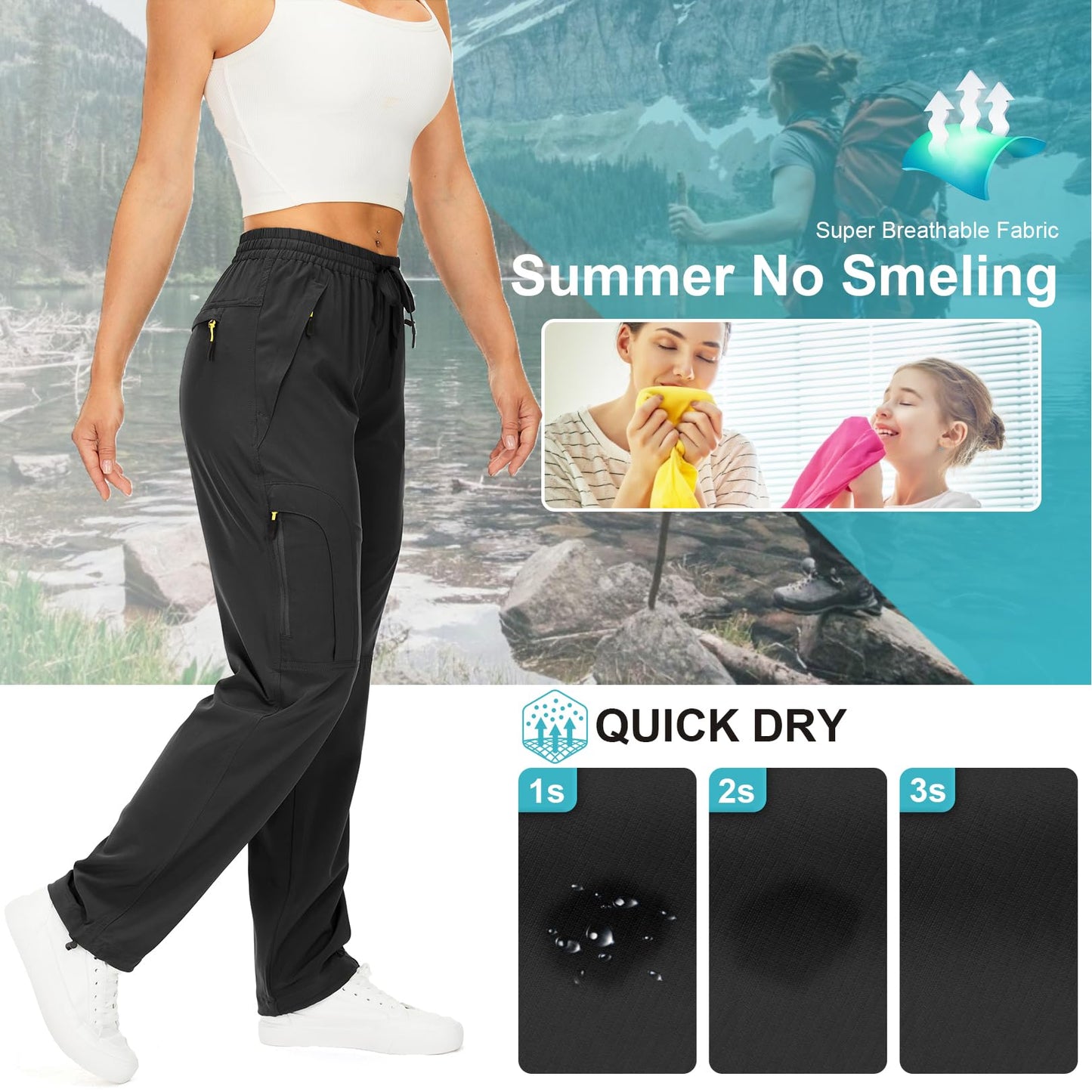 Toomett Women's Hiking Pants Quick Dry UPF 50 Travel Golf Safari Running Lightweight Camping Work Cargo Pants Zipper Pockets,6608,Black,M