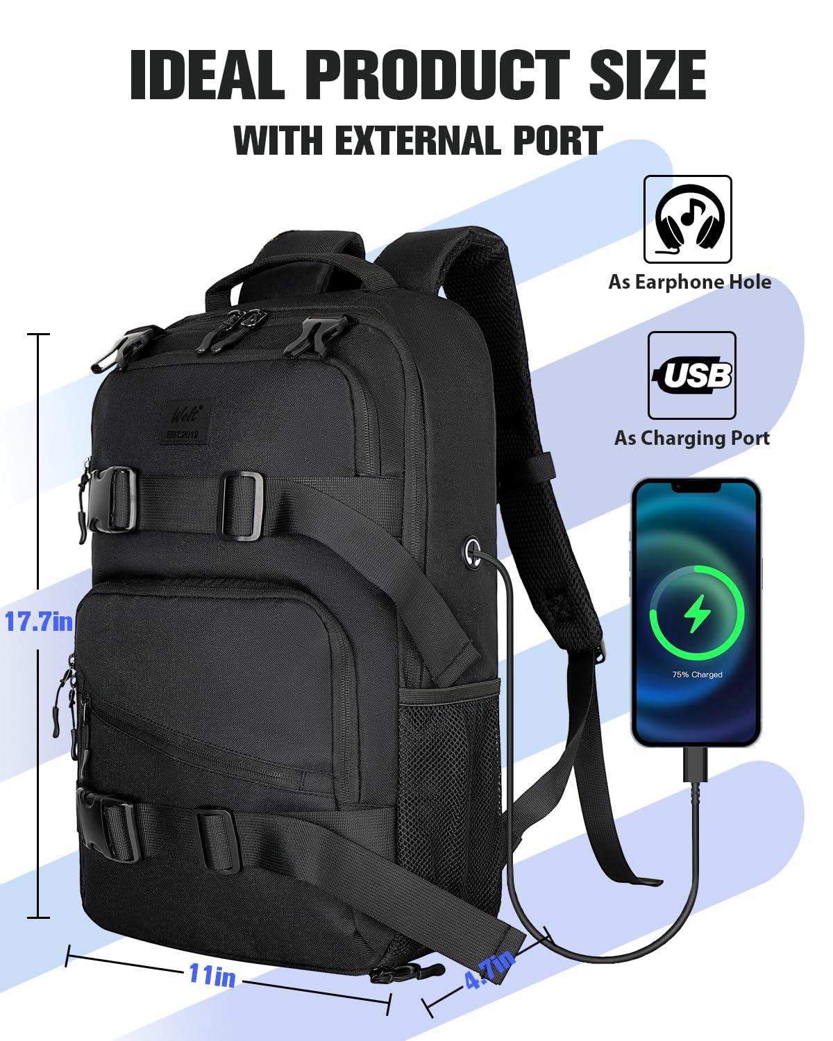 WOLT Skateboard Backpack, 15.6 Inch Laptop Backpack for Men Women, Sports Backpack with Ball Holder for Longboard Basketball Soccer, Black