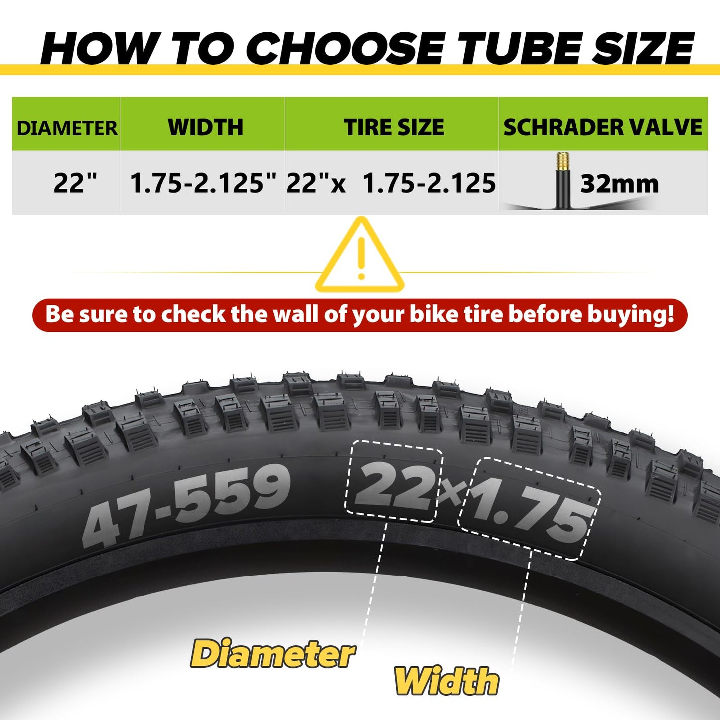 Hydencamm 2 Pack 22 Inch Inner Tube Fit 1.75/1.95/2.125 with 32mm Schrader Valve, 22×1.75/2.125 with 2PCS Levers, 22” Bicycle Inner Tube Compatible with Kids/Road Bikes (2 of One Size)