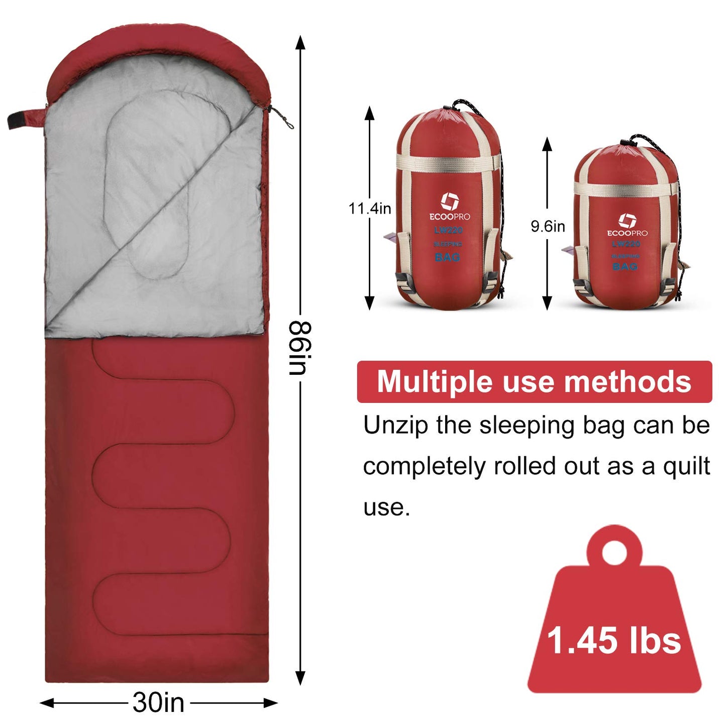 ECOOPRO Warm Weather Sleeping Bag - Portable, Waterproof, Compact Lightweight, Comfort with Compression Sack - Great for Outdoor Camping, Backpacking & Hiking - 83 L x 30 W Fits Adults (G-Wine Red)