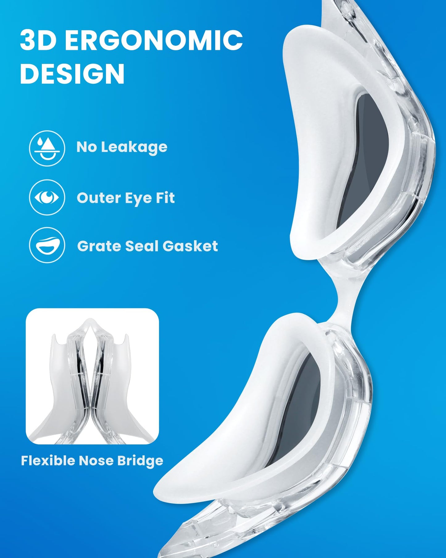 Freela Polarized Swimming Swim Goggles for Men Women Adult, Underwater Pool Beach Goggles 180° Clear Wide View Anti Fog UV Protection, Youth Sports Glasses No Leaking Gray Lens with Nose Piece