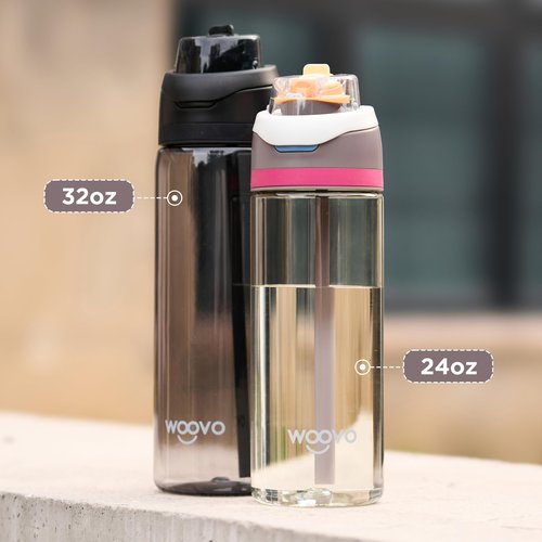 WOOVO Plastic Water Bottle 24 oz BPA Free Spill Proof, Reusable Water Bottle with Straw and Flip Top for Sports Gym, Black